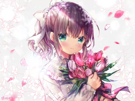 HD anime-style original desktop wallpaper featuring a girl with teal eyes holding a bouquet of pink tulips, surrounded by soft cherry blossom petals.