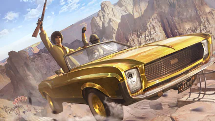 4K Ultra HD PC desktop wallpaper from PlayerUnknown's Battlegrounds: a player brandishing a Karabiner 98k while standing in a speeding yellow muscle car kicking up dust against rugged desert cliffs.