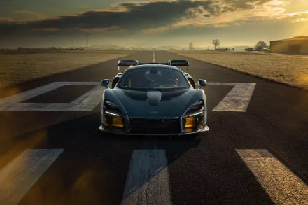 A sleek McLaren Senna supercar captured in stunning 8K Ultra HD, positioned on a runway at sunset, showcasing its aggressive design and aerodynamic features.