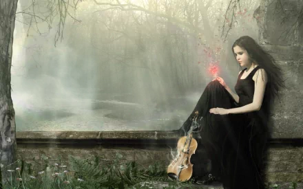 A fantasy scene features a woman in a flowing black dress, sitting beside a violin, surrounded by a misty forest. Her hand glows with magic, creating an enchanting atmosphere.