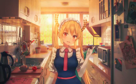 Tohru from Kobayashi-san Chi no Maid Dragon stands in a sunlit kitchen, dressed in her maid outfit, surrounded by warm colors and cozy kitchenware, creating a charming atmosphere.