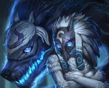 HD PC desktop wallpaper featuring Kindred from League of Legends, showcasing their mystical and dual nature in a striking video game art style.