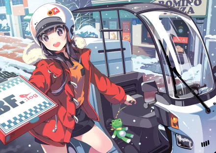 Anime-style HD PC desktop wallpaper featuring an original character in a red jacket and helmet, stepping into a snowy urban setting with a small green frog keychain.