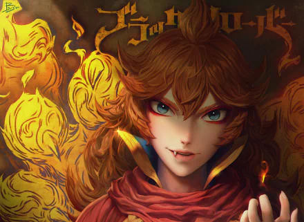 A stunning HD desktop wallpaper featuring Mereoleona Vermillion from the anime Black Clover, showcasing her fierce expression against a backdrop of fiery motifs.