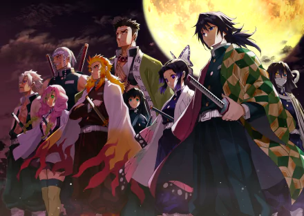 HD wallpaper featuring characters Gyomei Himejima, Muichiro Tokito, Kyojuro Rengoku, Sanemi Shinazugawa, Shinobu Kochou, Giyuu Tomioka, Mitsuri Kanroji, Obanai Iguro, and Tengen Uzui from Demon Slayer: Kimetsu no Yaiba.