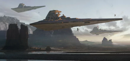 HD PC desktop wallpaper featuring Star Wars Star Destroyer spaceships flying over a rugged landscape in a sci-fi setting.