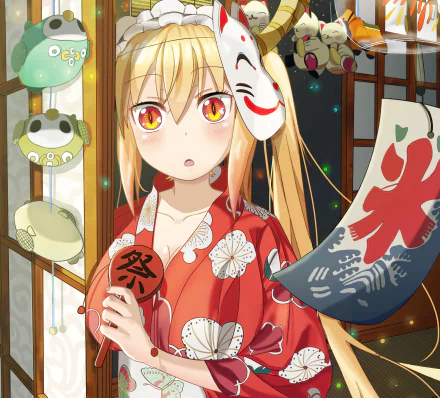 HD desktop wallpaper featuring Tohru from the anime Miss Kobayashi's Dragon Maid. Tohru is depicted in traditional attire, surrounded by festive decorations.