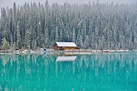 HD desktop wallpaper of a wooden cabin by a turquoise lake, with a snowy forest reflected in the water.