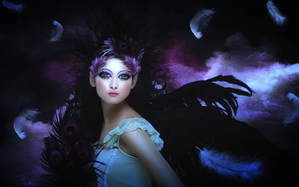A mysterious elf with striking makeup and elaborate feathered wings poses against a dark, fantasy-inspired backdrop of swirling purples and soft feathers, creating a captivating night scene.