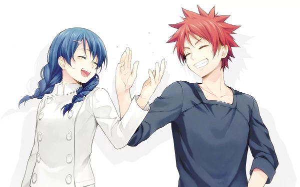 HD PC desktop wallpaper featuring Sōma Yukihira and Megumi Tadokoro from the anime Food Wars: Shokugeki no Soma, smiling and giving a high-five.