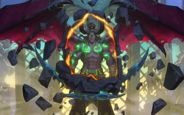 Hearthstone: Heroes of Warcraft 4K Ultra HD PC wallpaper — fel demon warrior levitates amid floating rocks and glowing green fel runes.