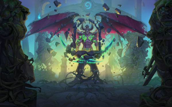 Video game Hearthstone: Heroes of Warcraft 2K Quad HD PC desktop wallpaper showing a winged demonic warrior levitating with glowing green runes amid shattered pillars and floating debris.