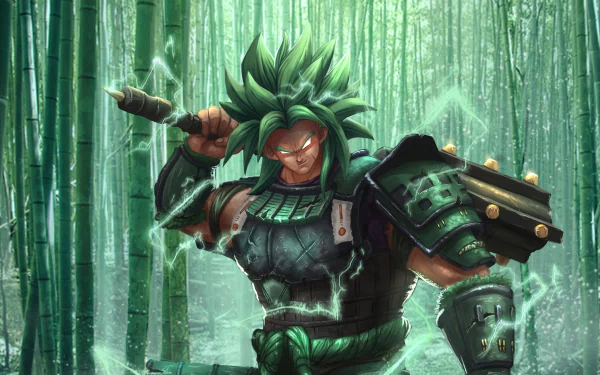 HD anime desktop wallpaper featuring Broly from Dragon Ball, standing powerfully in a glowing bamboo forest with electric energy surrounding him.