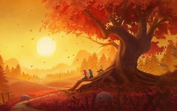 Fantasy Love Couple Romantic Cat Fall Sunset Tree HD Wallpaper | Background Image