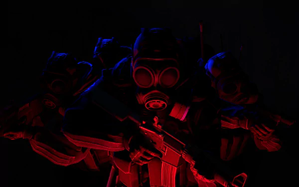 Moody 4K Ultra HD PC desktop wallpaper and background of three gas-masked Counter-Strike: Global Offensive video game operatives in red and blue light holding rifles.