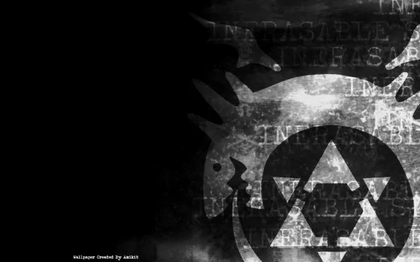 Black and white HD wallpaper featuring elements from Fullmetal Alchemist, showcasing the series' signature symbols with a textured background.