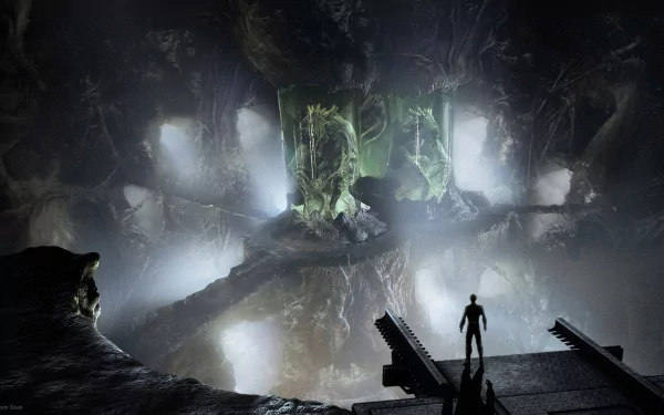 A haunting HD desktop wallpaper featuring a dark, demon-like scene with eerie green elements and a solitary figure standing before ominous, illuminated structures.