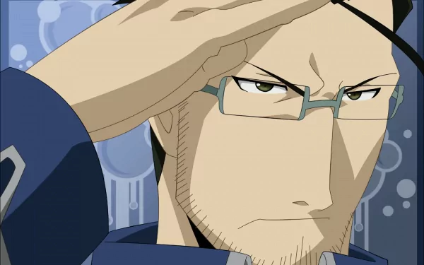 Maes Hughes from Fullmetal Alchemist saluting, serious expression and green-rimmed glasses against blue bokeh — HD anime PC desktop wallpaper/background.