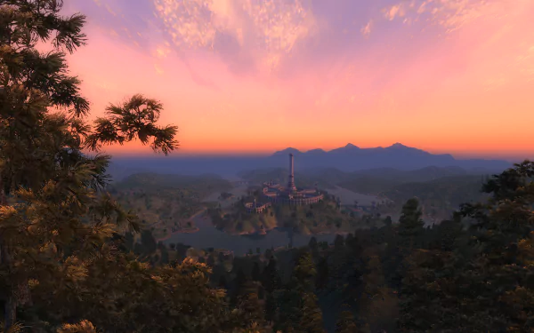 Dusk over a forested valley and distant city from the video game The Elder Scrolls IV: Oblivion — 4K Ultra HD PC desktop wallpaper showing nature scenery.