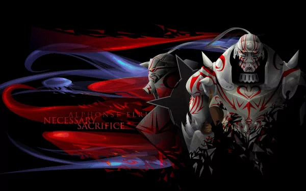 HD wallpaper featuring Alphonse Elric from the anime Fullmetal Alchemist, displaying dynamic red and blue graphics with the text Necessary Sacrifice.