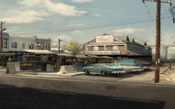 Mafia III video game HD PC desktop wallpaper: sunlit 1960s waterfront market with vintage cars and stalls, moody noir atmosphere.