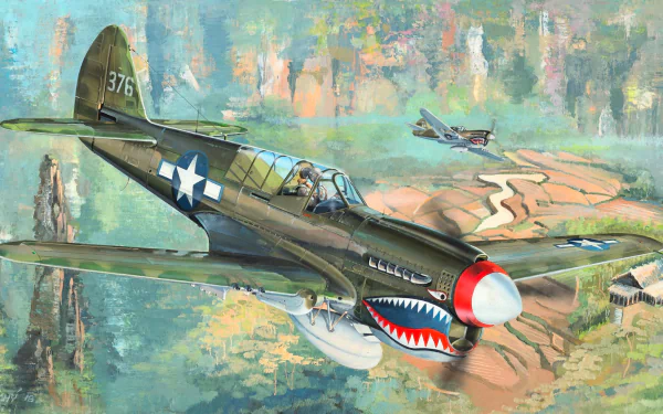 HD PC desktop wallpaper of a Curtiss P-40 Warhawk military warplane aircraft with shark-mouth nose art flying low over patchwork fields, a second P-40 visible in the background.