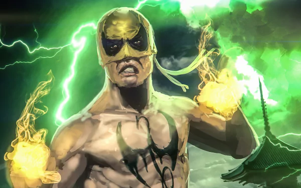 Comic Iron Fist (Marvel Comics) with yellow mask, dragon chest emblem and glowing fists amid green lightning — 4K Ultra HD PC desktop wallpaper background