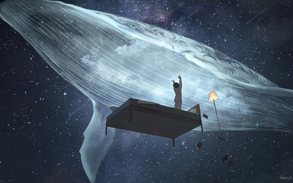 A serene anime scene features a person on a bed beneath a starry sky, gazing at a majestic whale soaring above, creating a dreamlike atmosphere.