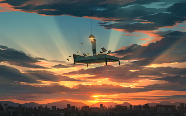A serene sunset scene featuring a bed suspended in the sky, illuminated by soft light, with vibrant clouds and distant mountains. An original anime-style HD wallpaper.