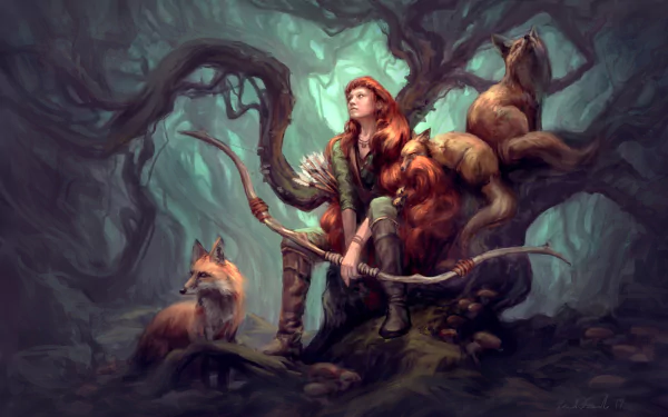 A fantasy scene of a long-haired orange-haired woman warrior archer with a bow, accompanied by a fox, set in a mystical forest for a 4K Ultra HD desktop background.