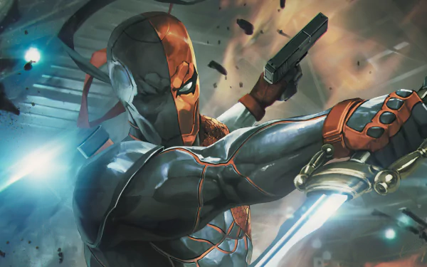 4K Ultra HD PC wallpaper of DC Comics comic-book antihero Deathstroke: orange-and-black masked mercenary firing a pistol and slashing with a blade amid sparks and debris.