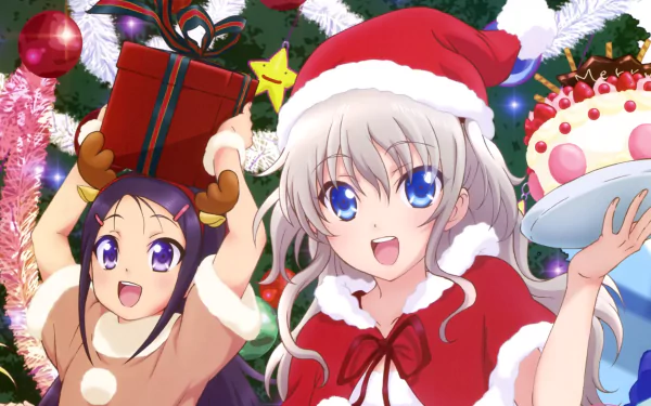 HD PC desktop wallpaper: Nao Tomori and Ayumi Otosaka from the anime Charlotte in festive Santa outfits by a decorated Christmas tree, holding gifts and cake.