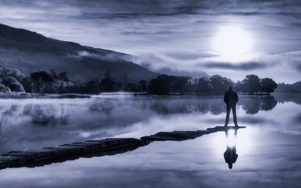 Men Alone Lake Sunset Monochrome Reflection HD Wallpaper | Background Image