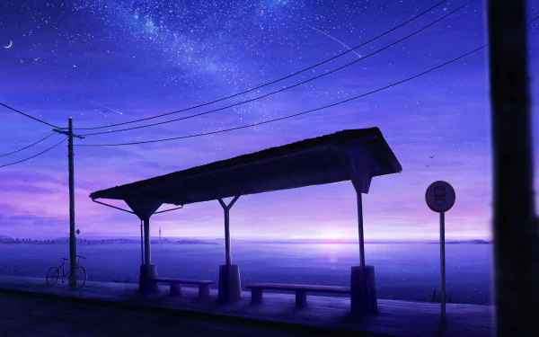 Anime-style 4K Ultra HD night scene of a quiet bus stop under a starry sky with a shooting star, enhanced by deep blues and purples for a serene atmosphere.