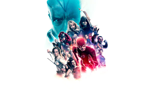 4K Ultra HD PC desktop wallpaper featuring characters from the TV show Crisis On Infinite Earths in a dynamic, vibrant collage against a white background.