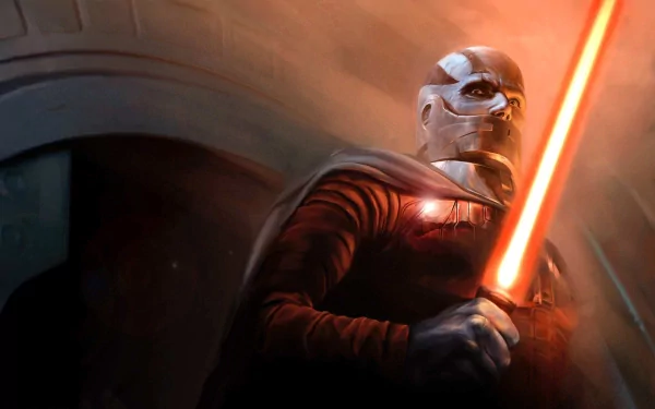 A dramatic HD wallpaper featuring Darth Malak from Star Wars: Knights Of The Old Republic, wielding a red lightsaber as a menacing Sith figure in a shadowy background.