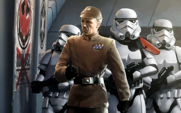 HD Sci-Fi Star Wars PC desktop wallpaper featuring an Imperial officer flanked by stormtroopers in a dimly lit corridor with Empire insignia on the walls.