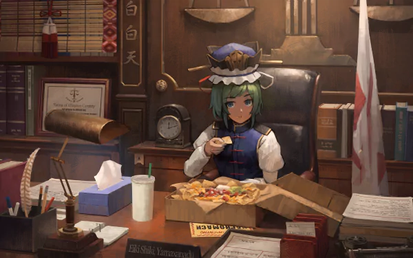 HD PC desktop wallpaper featuring Shikieiki Yamaxanadu from the Touhou anime, seated at a desk enjoying pizza in a richly detailed office setting.