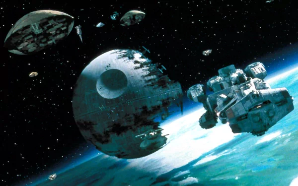 A mesmerizing HD wallpaper featuring the iconic Death Star surrounded by asteroids, capturing the essence of sci-fi in the Star Wars universe. A stunning cosmic backdrop for any desktop.