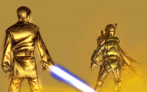 HD PC desktop wallpaper featuring Boba Fett, the iconic bounty hunter from Star Wars, in a dramatic Sci-Fi showdown with a glowing lightsaber.