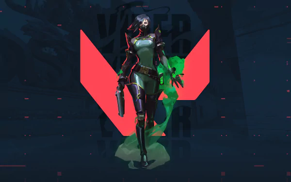 Viper from Valorant stands confidently in front of the Valorant logo in this 4K Ultra HD video game PC desktop wallpaper.