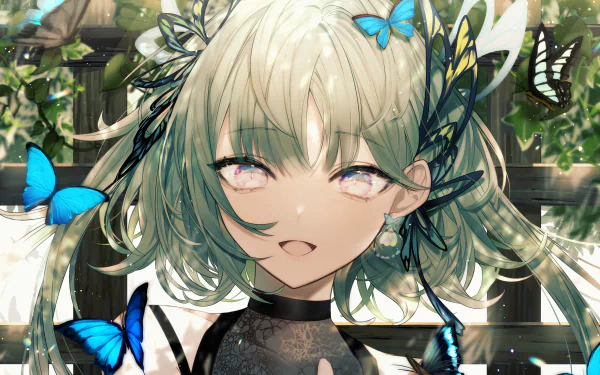 Anime-style original character with short hair, surrounded by vibrant blue butterflies in a detailed 4K Ultra HD PC desktop wallpaper background.