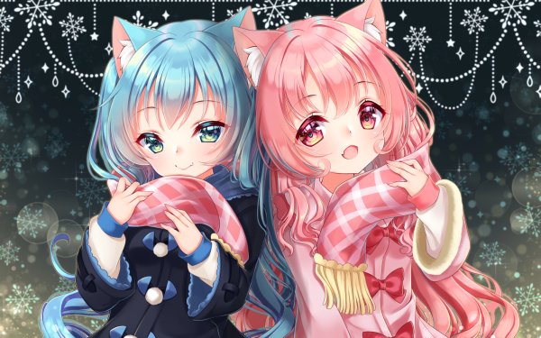 Anime Child Blue Hair Pink Hair Scarf HD Wallpaper | Background Image