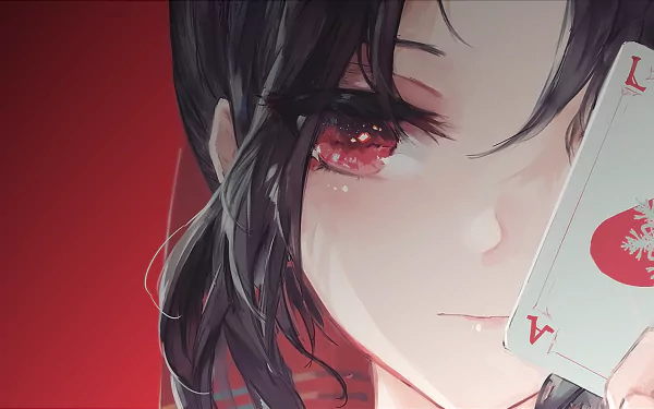 HD wallpaper featuring a close-up shot from Kaguya-sama: Love is War with a character holding a card, showcasing red eyes and short hair against a red backdrop.