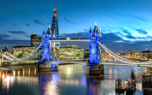 A 4K Ultra HD view of London’s iconic Tower Bridge spanning the Thames River at dusk, with city skyscrapers including The Shard in the background.