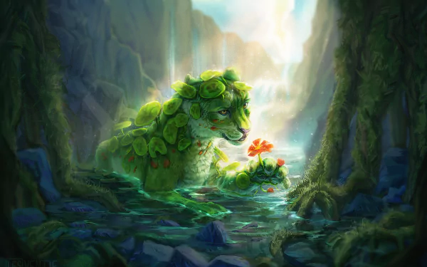 HD desktop wallpaper featuring a fantasy tiger covered in greenery, set in a mystic forest with a glowing flower.