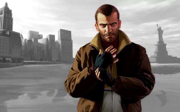 HD PC desktop wallpaper featuring a character from the video game Grand Theft Auto IV with a grayscale cityscape and Statue of Liberty in the background.