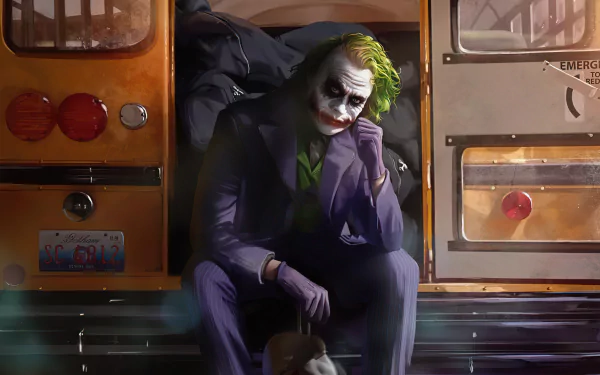 4K Ultra HD PC wallpaper of DC Comics' Joker from The Dark Knight, brooding in a purple suit with green hair as he sits on a bus step, smeared makeup and haunting stare.
