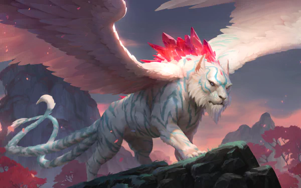 HD desktop wallpaper from Legends of Runeterra, featuring a majestic winged lion with pink crystals on its back, perched atop a rock against a mountainous backdrop.