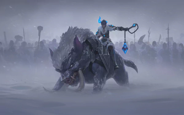 Sejuani (League of Legends, Legends of Runeterra) rides an armored boar through a snowy battlefield — HD PC desktop wallpaper background.